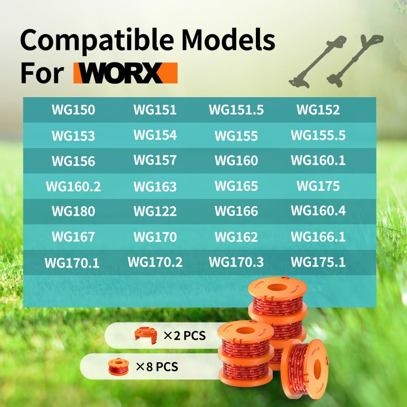 YWTESCH 10 Pack Trimmer Spool Line for Worx,(WA0010)Replacement Trimmer Spool Line for Worx,Trimmer Line Refills 0.065 inch for Worx,Suitable for Worx String Trimmers(8 Pack Grass Trimmer Line,2 Trimmer Cap) - Image 5
